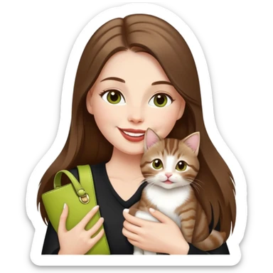 White Woman with VERY long straight brown hair, rosy lips and cheeks, chartreuse eyes, cute happy big smile holding a white and brown tabby kitten, wearing a black purse sticker