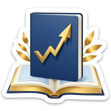 A navy blue productivity book with gold details, chart with upward trend aura, radiating productivity, strategy, and success in motion- sticker