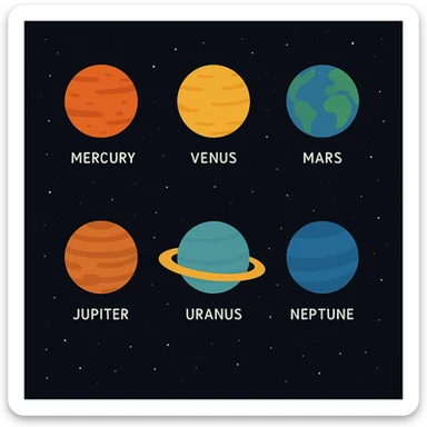 Show eight planets of the solar system simply and clearly, each planet a different color, with a darker space background. sticker