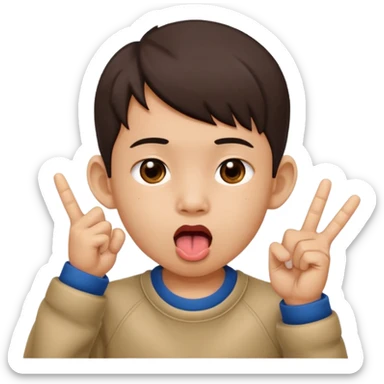a boy with asian eyes holding his ears with 2 fingers and with his tongue out sticker