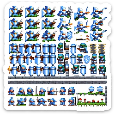 pixel art sprite sheet of a knight attacking animation frames 8-bit NES style sticker