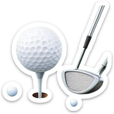 A golf ball on a tee, with a golf club placed beside it on the lush green fairway. The background shows a serene golf course with neatly trimmed grass and a clear blue sky, emphasizing the elegance and precision of the game. sticker