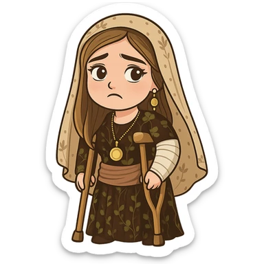 Kurdish cartoon sticker of the same woman in the new dress, with a cast on her arm or leg, crutches, sad but hopeful expression, no text, transparent background sticker