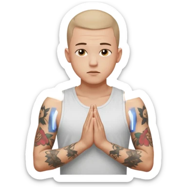 A 20 year old white man with a buzz cut and tattoos all over his arms and chest. Pleading face with hands praying wearing a white tanktop sticker