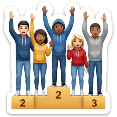 multi-racial people standing on a winners podium with the center step higher to show 1st place, no numbers on the podium, each person casually dressed in fun clothing like jeans and hoodies, excited fun expressive emoji style sticker