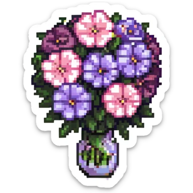 gothic bouquet, mix of black, pink, and purple flowers, cute and chibi, small size, simple details sticker