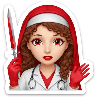 Lilith scalpel in hand, evil surgeon sexy surgeon clothes.  She has red eyes. She brown long curly hair. Wears sexy doctor outfit with red gloves. Wears red burka to hide her mouth and nose sticker