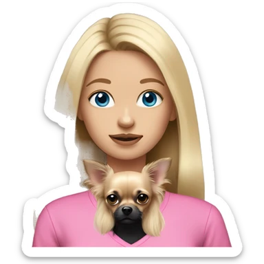 Dirty Blonde haired girl with blue eyes wearing a pink shirt holding a black long hair chihuahua sticker