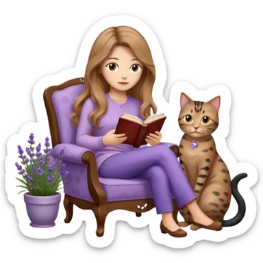 detailed emoji of a woman with long light brown wavy hair and light brown eyes reading a book, sitting on a comfortable reading chair, with a black cat and a brown spotted cat beside her, small table next to the chair with a coffee cup on it, in a garden filled with lavender flowers sticker