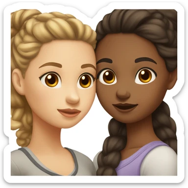 two girls are kissing, one of them has light skin, brown eyes, dark brown hair in a bun, the other has light skin, gray eyes and long brown loose hair sticker