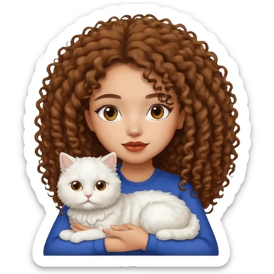 lightskin girl with frizzy curly hair, clean girl makeup, white Persian cat on her lap sticker