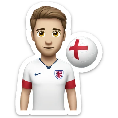 soccer player with white skin, brown hair, and wearing an england kit, holding a football sticker