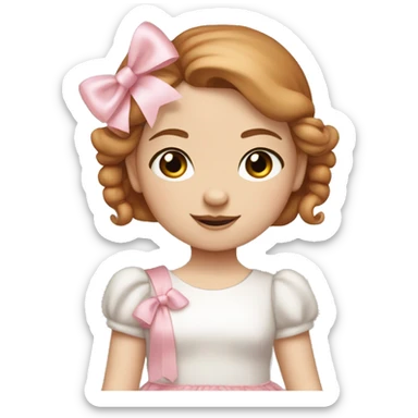 Little Girl with White skin, blue eyes. Light brown and red hair in two ponytails, with light pink bows.  She is wearing a light pink and White dress, standing and holding a teddybear with a pink bow. sticker
