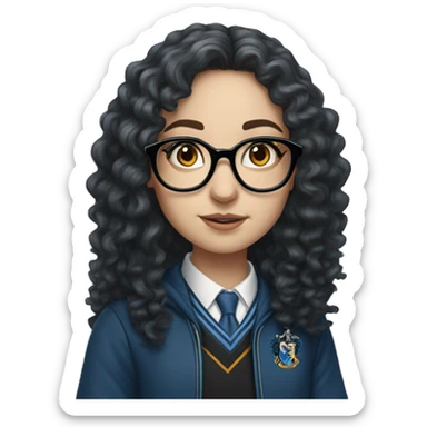 Hyper realistic White girl with long black curly hair and glasses wearing a ravenclaw school inform sticker