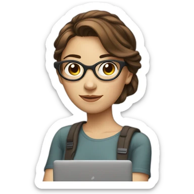 Girl with brown hair up to shoulder, social media manager, with phone or laptop, camera sticker