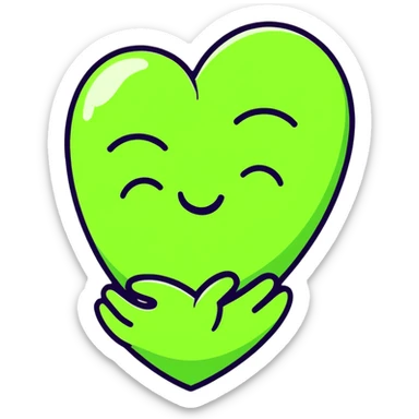 green face emoticon with closed eyes hugging a green heart, expressing care and support sticker