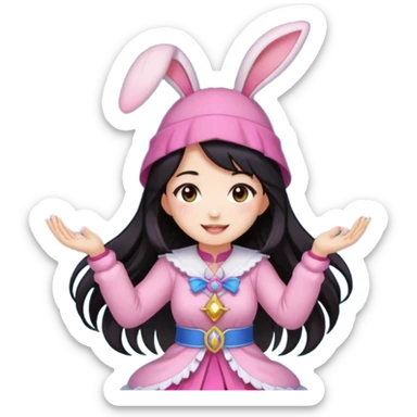pixel art chibi asian girl with dark long hair in pink bunny ears hat magical girl with kawaii tarot cards thrown in air pixel emoji sticker