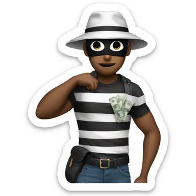 Thief is wearing a T-shirt with white and black stripes, a mask over his eyes, a black hat, and a bag of money slung over his shoulder sticker