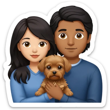 A couple holding holding a small Yorkshire Terrier together. The girl is an Asian girl with long, luscious wavy black hair (loose, no hair tie). She is standing beside a brown-skinned man with a short middle part haircut.  sticker