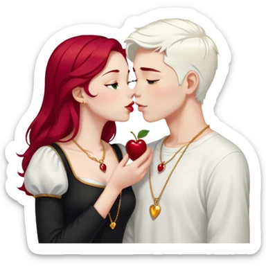 20 year old couple, boy with SHORT SNOW WHITE HAIR (completely WHITE), dark shirt, girl with long cherry red hair, light clothes, gold necklace, kissing sticker