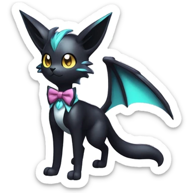 Shiny Cool Edgy Black beautiful ethereal fantasy Kawaii Sona Umbreon-Noibat-Litten-Fakemon-cat-animal with edgy bat-ears bow tie black mane vtuber model Full Body sticker