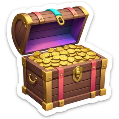 wooden brown treasure chest filled with coins pack in gradient of turquoise, blue, pink, purple, and coral sticker
