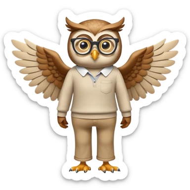 friendly anthropomorphised owl with wings instead of arms, in pants and a shirt, wearing glasses, walking upright, relaxed pose sticker