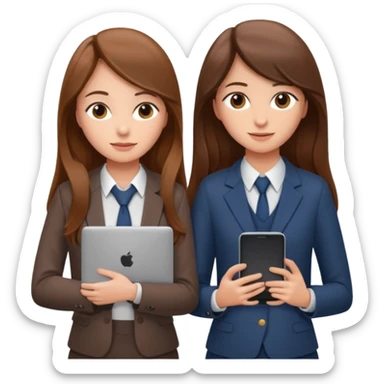 two brown haired girls, looking professional maybe leaned on each others back and looking forward and using phones, with long hair and one girl can hold lap top another one can hold the phone, professional clothes sticker
