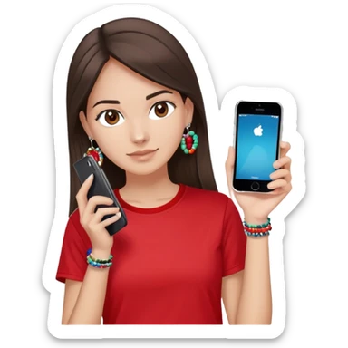 brunette girl with wavier medium length hair, brown eyes, light/medium skin tone, holding two phones - one iPhone and one plain black phone without Apple logo, wearing red Adidas t-shirt, simple silver hoop earrings, and a colorful beaded charm necklace sticker