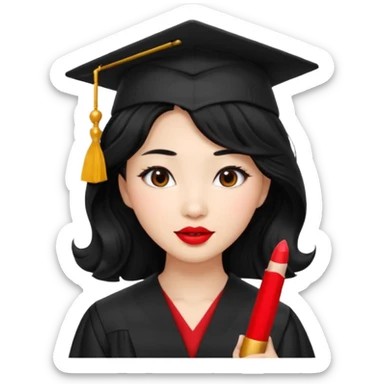 Graduate asian black hair with wavy hair long  with red stash  sticker