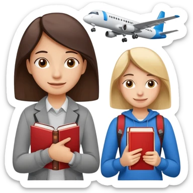 Create two emoji characters.

Left: a stressed, sad student preparing for IELTS, holding books and coffee, tired face, exam stress.

Right: a happy confident student after IELTS, traveling abroad, airplane, university, freedom, smiling.

Style: emoji, clean, simple, white background. sticker