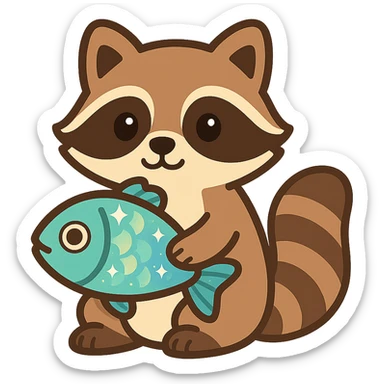 flat toon style cute raccoon with fish eyes and shimmering scales sticker
