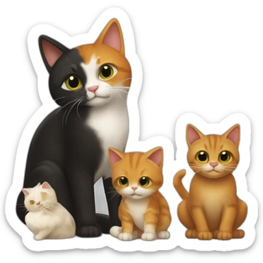 un chat roux, un chat noir en écaille tortue et un chat noir et des tâches blanches l'un à côté de l'autre sticker