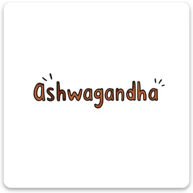 The word "Ashwagandha" hand-drawn in a warm earthy color palette with browns, oranges, and subtle greens. Simple doodle style with minimal decoration. sticker