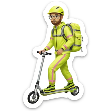 Man wearing a neon yellow high-vis waterproof suit with reflective stripes, carrying a large hiking backpack, standing on a stunt scooter. He has short brown hair, a trimmed beard, glasses, and is by the sea on a concrete platform. sticker