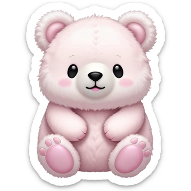 a fluffy toy teddy with a light pink colored shell and ears and a big white face and round white bear feet, with a cute black closed eyes and mouth sticker