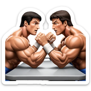 Iconic scene from the movie Over the Top, featuring Sylvester Stallone in a fierce arm wrestling match, symbolizing powerlifting. Stallone flexes his muscles while gripping the arm of his opponent, the intense battle for strength showcased with dramatic lighting. Transparent background. sticker