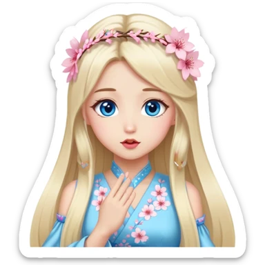 Turkish Girl with long blond hair with sakura accessories on her hair with a long tailed sakura dress on the ground and have blue eyes with beautiful finish and she sending lovely kisses  sticker