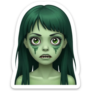 queria um emoji de zumbi verde de uma garota, olhos pretos, cabelos escuros e longos, com uma franja acima da sobrancelha  sticker