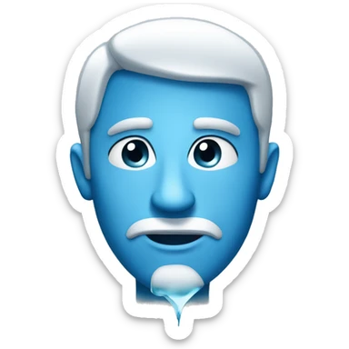 Generate a picture: In the style of an iOS emoji face , A blue face with ice on it, looking to the side deviously, with a small smirk smile, no nose, plain background sticker