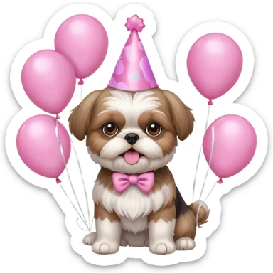 cute shih tzu hold a few cute pink balloons  with pink birthday hat sticker