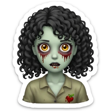 Emoji garota zombie sem ferimentos no rosto com cabelo preto cacheado longo com franja cacheada sem volume sticker