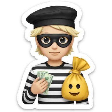 Realistic ios emoji-style portrait of a classic burglar, a black eye mask and a black-and-white striped shirt. emoji-like hair, black hat, a bag of money 💰 with a dollar sign in a right corner  sticker