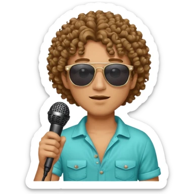 curly haired man with summer clothes and sun glasses holding microphone sticker