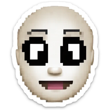 The image depicts a pixel art representation of a face, resembling Sans from the game "Undertale." The face has large, square eyes with white pupils, a triangular nose, and a wide, toothy smile. It's pixelated sticker