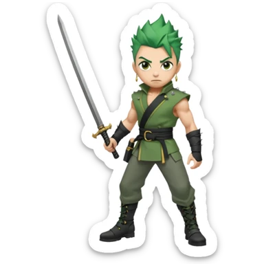 Muscular scarred warrior, short spiky moss-green hair, sharp steel-grey eyes, strong jaw, serious stare. Black trousers, boots, green sash with three katanas, open white coat, three gold earrings. Cinematic, ultra-realistic. sticker