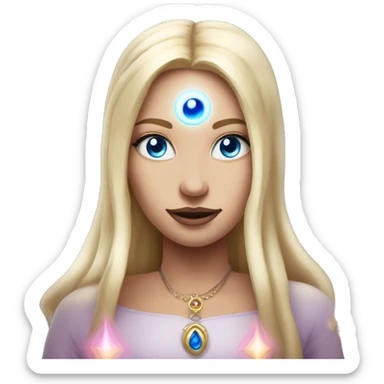 magical diva with thin pink andromedan face long blonde hair and blue eyes glowing third eye sticker