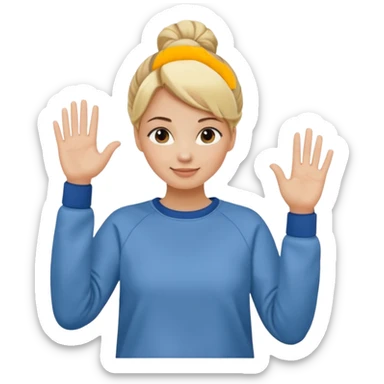 blonde woman with bun in casual clothes and sweat shirt waving sticker