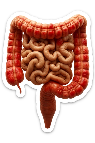 intestino umano anatomico realistico con gonfiori e rossori sul colon iperrealistico 4k sticker