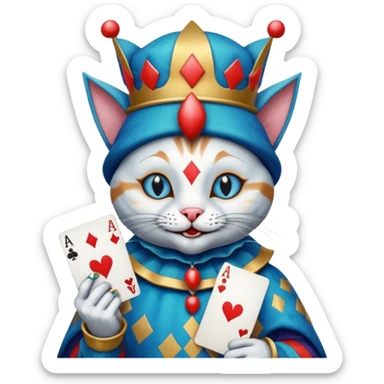 crazy colorful cute little cat jolly joker from poker, medieval, vintage, court jester, mac os icon, blue color, holds an ace poker card (clearly detailed and precise) sticker